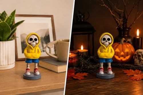 Yellow Hoodie Skeleton Figurine Decor - 5.1 Inch Gothic Halloween Shelf Statue