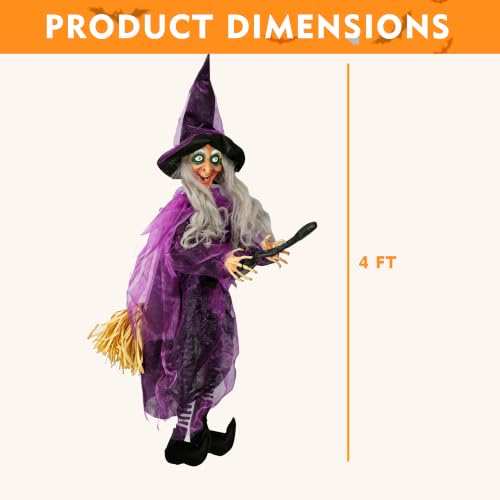 Flying Witch Halloween Decoration - Animated 4ft Hanging Prop with Lighted Eyes and Sound Activation for Yard & Indoor Haunted House