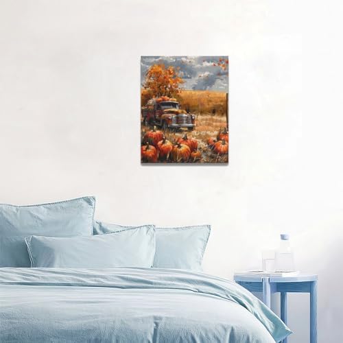 Fall Pumpkin Truck Wall Art Canvas - Farmhouse Autumn Decor for Bedroom & Living Room - 20x16