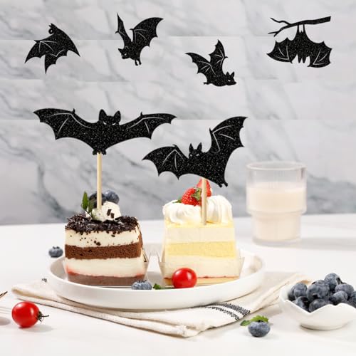 Glitter Bat Halloween Cupcake Toppers Set - Black Bat Picks, 24 Pack with Variation