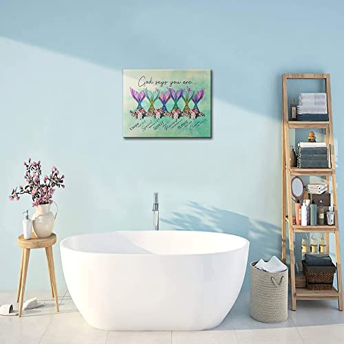 Colorful Mermaid Tail Wall Art - Girls Room Decor Canvas Print 16x12 with Frame