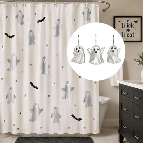 Ghost Shower Curtain Hooks Set - Silver Halloween Bathroom Decor, 12 Pieces