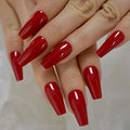Red Press-On Ballet False Nails Long Ruby-Red Coffin Shape with Adhesive Tapes - Variation L5581, 24pcs