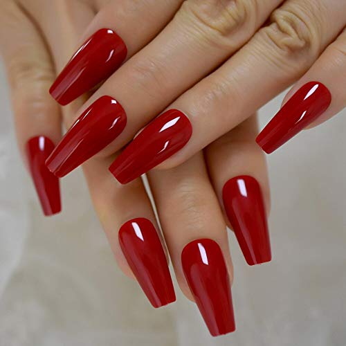 Red Press-On Ballet False Nails Long Ruby-Red Coffin Shape with Adhesive Tapes - Variation L5581, 24pcs