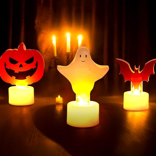 Halloween Flameless Candle Set with Pumpkin, Bat & Ghost Designs - Safe LED Tealights