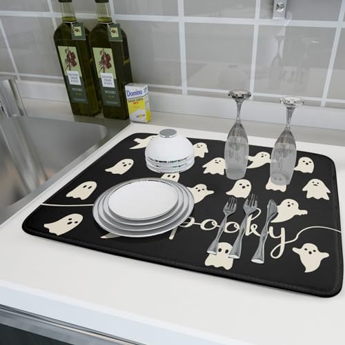 Halloween Ghost Dish Drying Mat 18x24 Inch Reversible Microfiber Kitchen Counter Protector