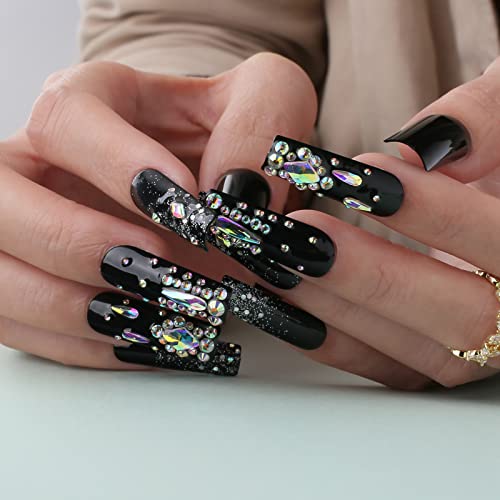 Press On Nails Long Square Black with Rhinestones Glitter - Meteor Shower Variation
