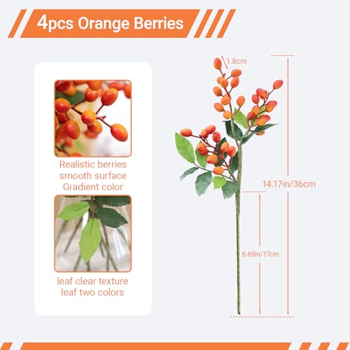 Artificial Orange Berry Stems Set of 4 - Realistic Faux Fruit for Home & Holiday Decor