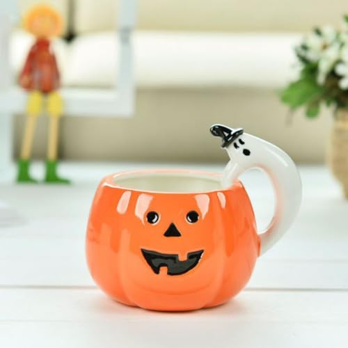 Halloween Pumpkin Mug Ceramic Cup with Ghost Handle 10oz Orange Fall Decor