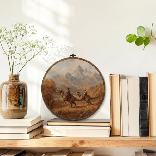 Western Cowboy Dinosaur Round Wall Art - 10x10 Inches - Fall Dino Variation