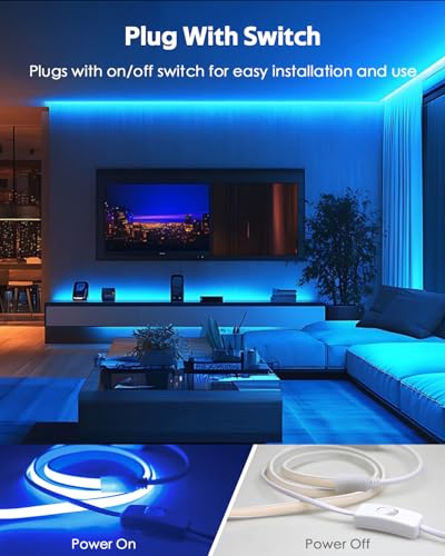 Blue COB LED Strip Lights 5M Waterproof Outdoor Rope Lights with Switch