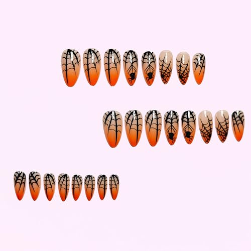Halloween Cobweb Press-On Nails - Medium Length Almond Fake Nails Style 13, 24Pcs