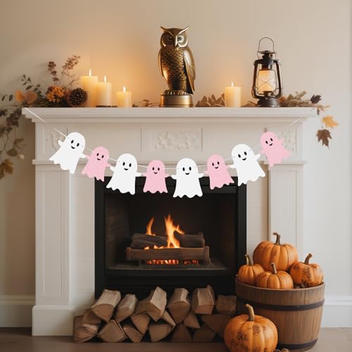 Pink and White Ghost Banner Set for Halloween and Parties - 2 Pieces Garland
