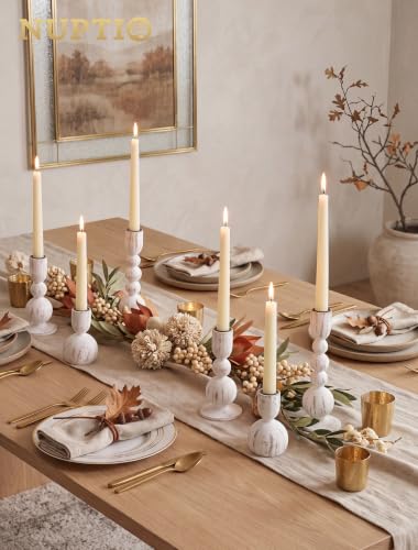 Wooden Taper Candle Holders Set of 6 - Rustic Whitewash Farmhouse Decor - Variations: Whitewash / 6