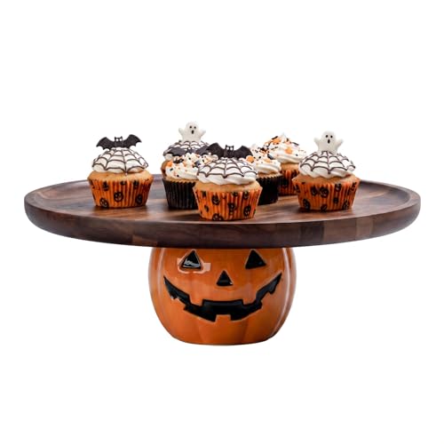 Halloween Pumpkin Cake Stand with Acacia Wood Tray and Ceramic Jack-o'-Lantern Base - Brown, 10.2 Inch