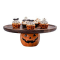 Halloween Pumpkin Cake Stand with Acacia Wood Tray and Ceramic Jack-o'-Lantern Base - Brown, 10.2 Inch