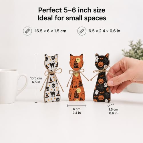 Halloween Cat Figurines Set - Black & White Rustic Wooden Decor for Tiered Tray, Mantle & Shelf