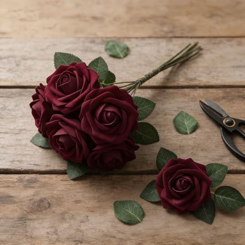 Artificial Rose Flowers 50PCS Foam Roses with Leaves for Wedding & Party Decor - Red