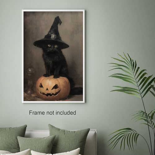 Vintage Halloween Canvas Wall Art Unframed - Black Cat Witchy Pumpkin 12x16in