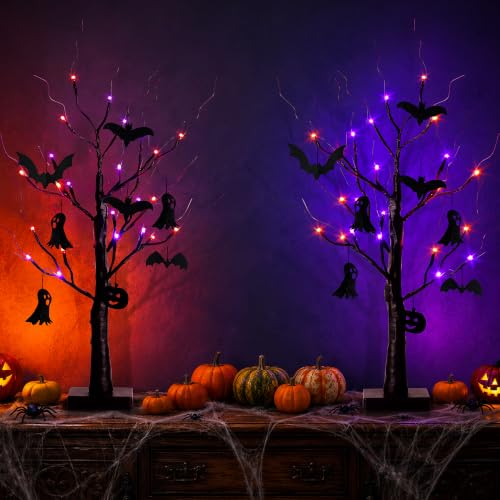 Black Halloween Indoor Decor 2 Pack 2FT Lighted Birch Tree with Orange & Purple Lights