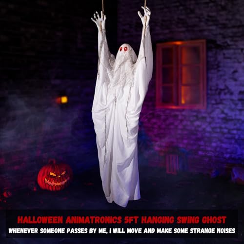 Halloween Animatronic Hanging Swing Ghost - 5ft Spooky Floating Decor with Sound & Light-Up Eyes - Variation: Swing Ghost