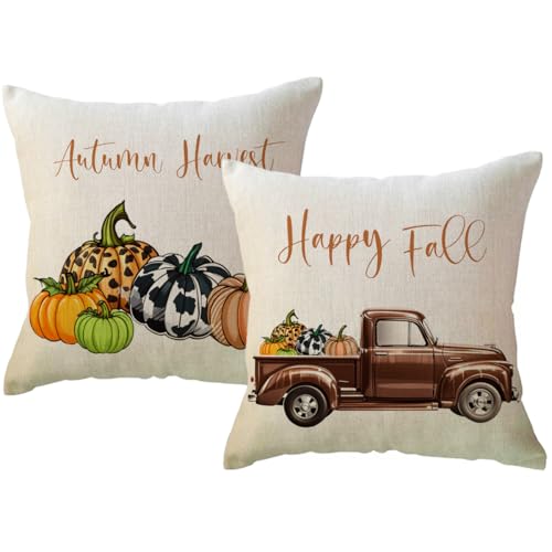 Coffee 2-Pack Fall Pumpkin Truck Throw Pillow Covers 18x18 Inches Farmhouse Decor