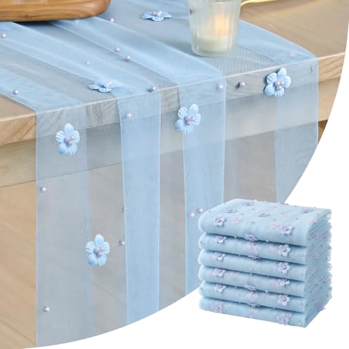 28x120 Inch Blue Flower Pearl Gauze Table Runner Set - 6 Pack for Holiday & Wedding Decor