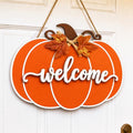 Orange Fall Pumpkin Door Hanger Wooden Welcome Sign for Home & Porch
