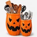 Yellow Halloween Ceramic Pumpkin Utensil Crock Set - Large & Small Kitchen Organizer with Jack O Lantern Design