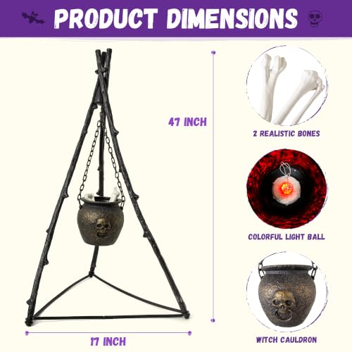 ELAMAS Halloween Witch Cauldron with Tripod - Color-Changing Lighted Fireplace Decor