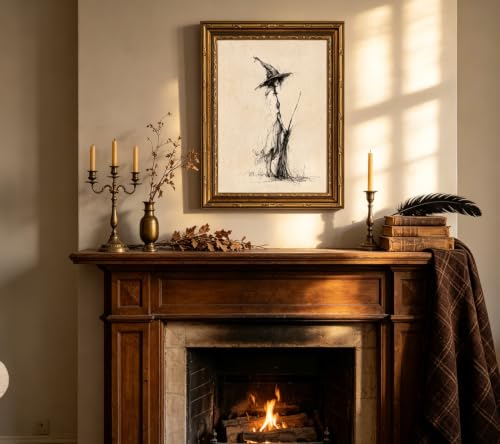 Line Witch Canvas Wall Art - Gold Framed Gothic Halloween Decor - 16x12 inches
