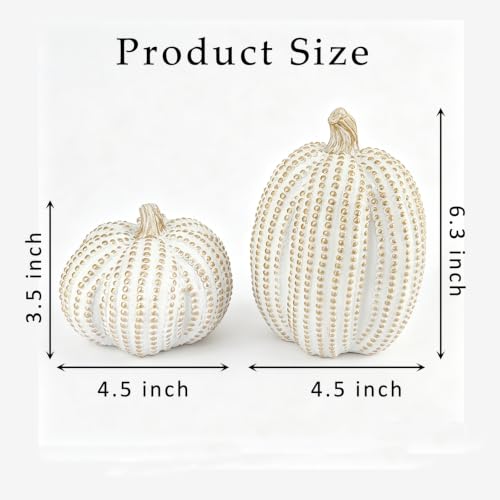 White Gold Pumpkins Decor Set - 2PCS Fall Resin Pumpkin Figurines with Dots & Bead Details - Gold Dots Variation