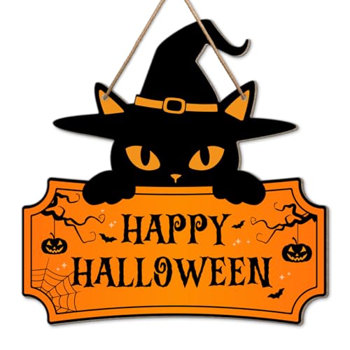 Halloween Black Cat Welcome Door Wooden Sign Decor - Halloween01