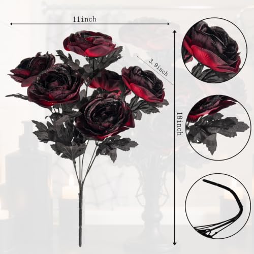 Burgundy Artificial Roses Bouquet Gothic Halloween Decor - Set of 2