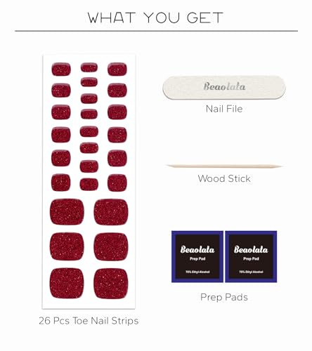 Semi Cured Gel Nail Strips for Toes - Onyx Red, 26 Pack, Salon Quality & Long Lasting