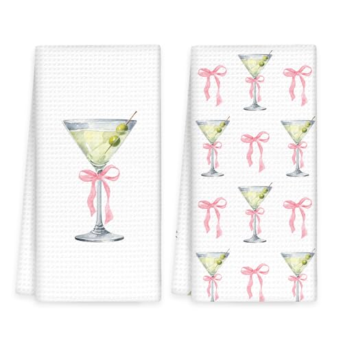 Bow Martini Decor Kitchen Towels Set of 2 - Pink Bow Martini Hand Towels