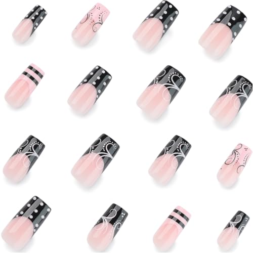Pink Press On Nails Medium Length Square Black French Tip Vine Design - Variation A62