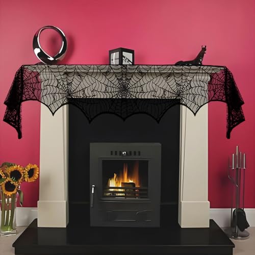Halloween Spider Web Mantle Scarf - 96x18 Inch Fireplace Decor for Halloween