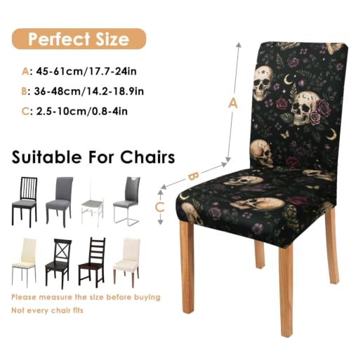 Halloween Skull Chair Covers Set of 6 - Gothic Floral Dining Protectors for Holiday Decor