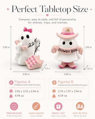 Pink Howdy Boo Ghost and Telephone Resin Halloween Figurines Set - Cute Ghost Decor