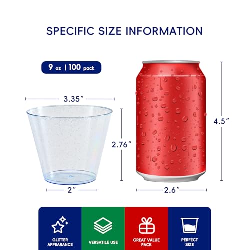 Blue Glitter Disposable Plastic Cups 9 oz - 100 Pack, Elegant Party Tumblers