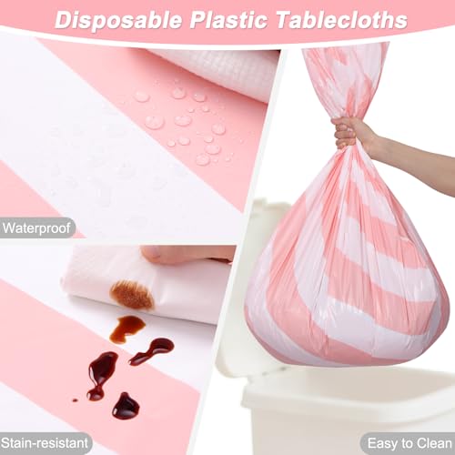 Pink and White Striped Tablecloths 54x108 Inches - 3 Pack, Waterproof & Disposable, Vertical Pink Stripe