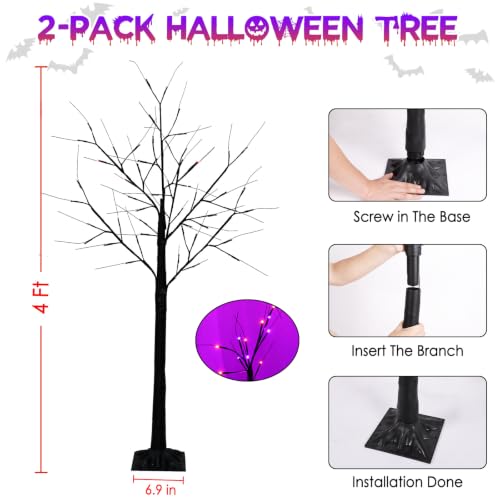Halloween Black Tree Lights Set - 4Ft 2-Pack with Orange & Purple LEDs - Variation: Orange & Purple / 4Ft 2Pack