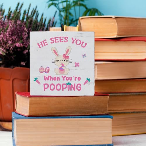 Pooping Bunny Wooden Sign - Easter Farmhouse Bathroom Decor, Rustic Wood Plaque - Pooping 3 Variant