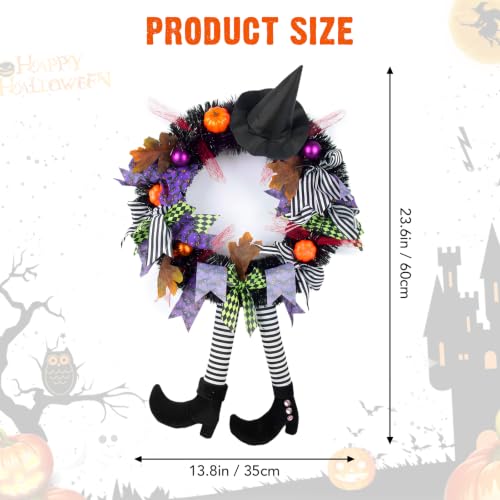 Halloween Wreath with Witch Legs and Black Hat for Front Door - Spooky Halloween Decor