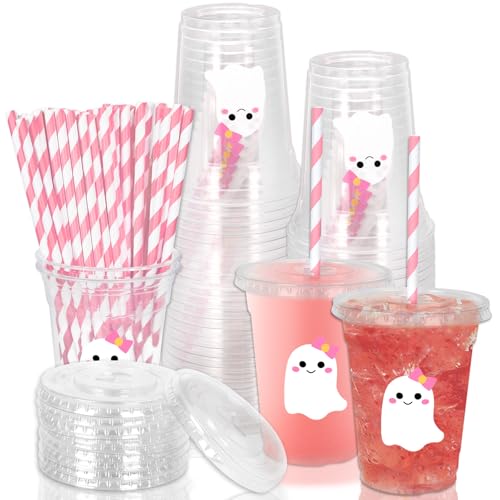 White Ghost Halloween Disposable Plastic Cups with Lids & Straws - 50 Pcs