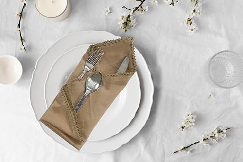 18x18 Inch Brown Lace Cloth Napkins Set of 6 - Cotton Linen Blend, Elegant Tableware
