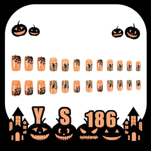Halloween Press On Nails Glitter Pumpkin Spider Web Short Square Fake Nails - Gold Glitter Design Variation