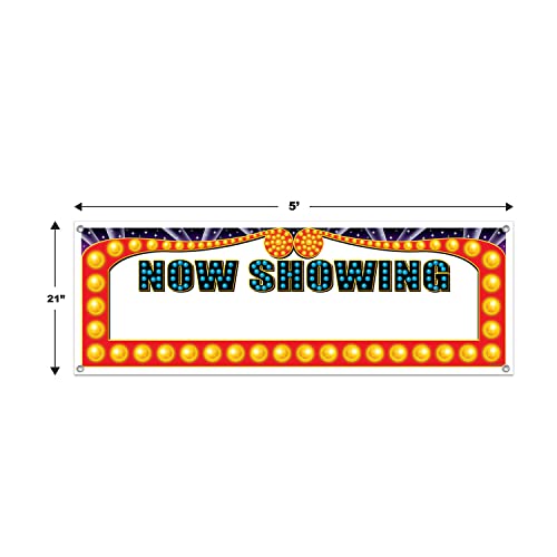Now Showing Sign Banner - Movie Night Marquee Decoration with Grommets - 5ft x 21in - Indoor & Outdoor Use - Includes 1 Pack