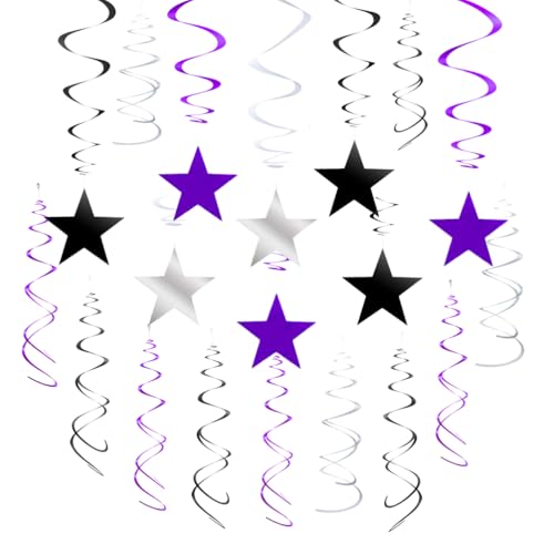 Purple Black Silver Star Swirl Hanging Decorations Set - 20 Pack, Party & Event Decor